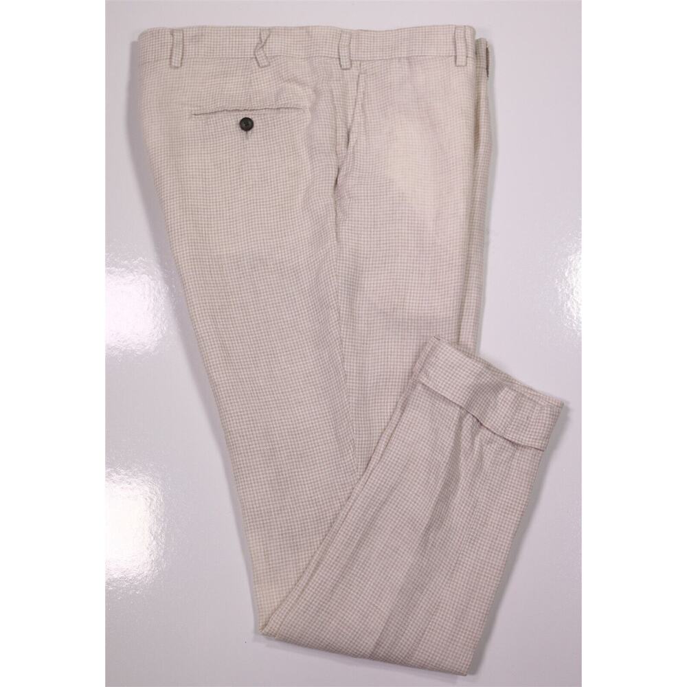Suitsupply Soho Turn Up Tan/White Check Linen Flat Front Cuffed Pants 36x30